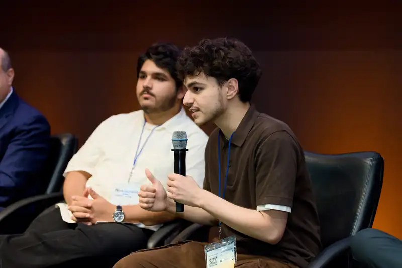 Rayyan Naik and Yasin Amawi, co-founders of Ummah Unite, on a panel at the Niya Global Startup Summit 2026